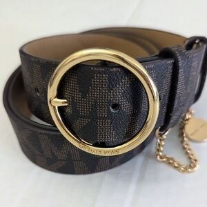 Michael Kors Women Signature Logo Monogram Belt Brown Gold Tone Hardware XL NWOT